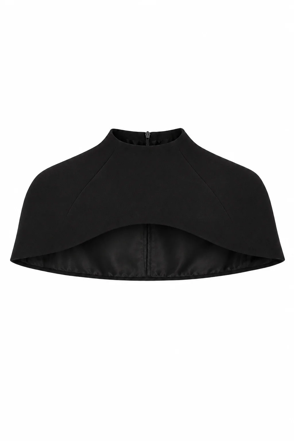 Black short turtleneck cape Aurora by REPULO’S, product shot of the structured silhouette
