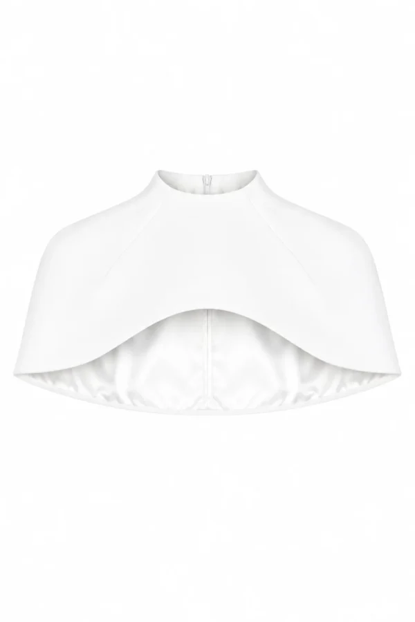 White short turtleneck cape Aurora by REPULO’S with structured shoulders