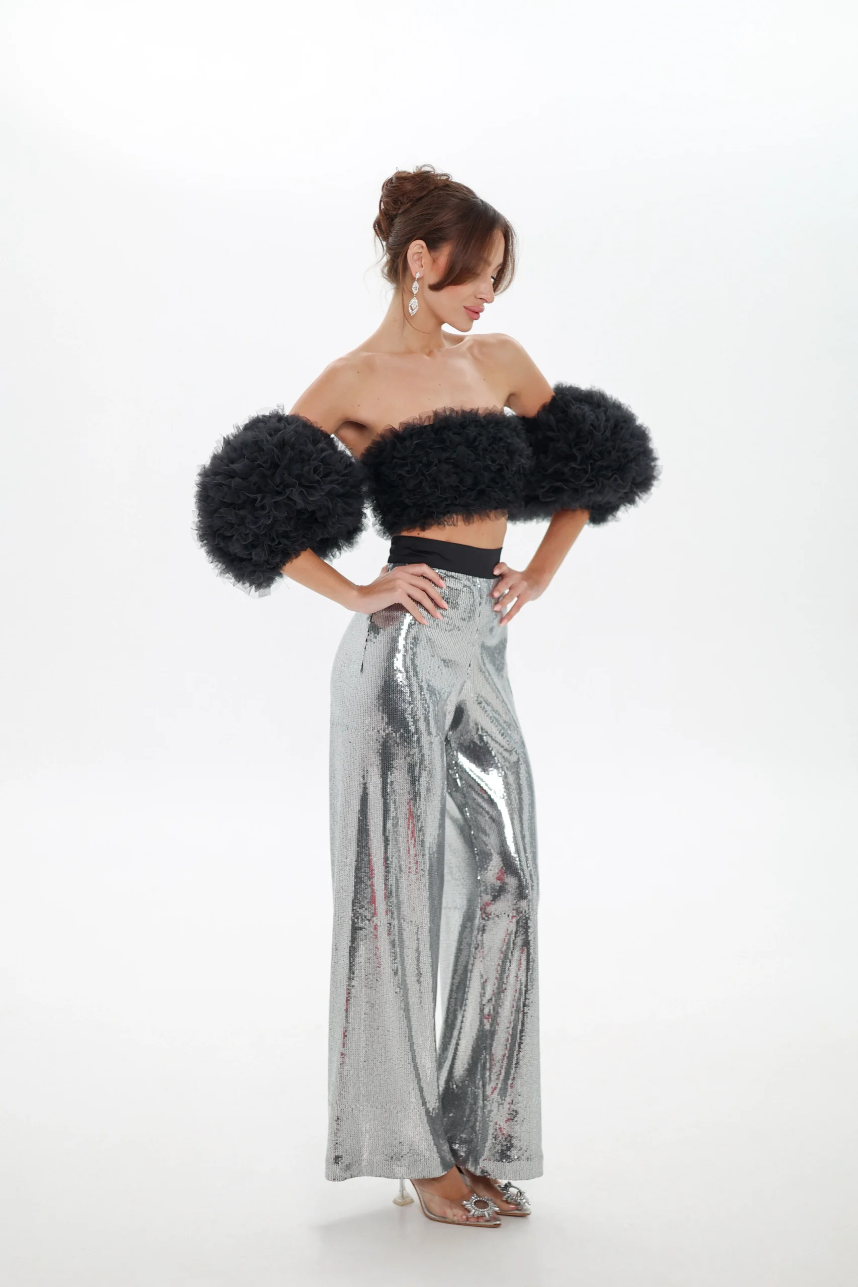 Black Cloud bandeau top with detachable sleeves and silver sequin trousers