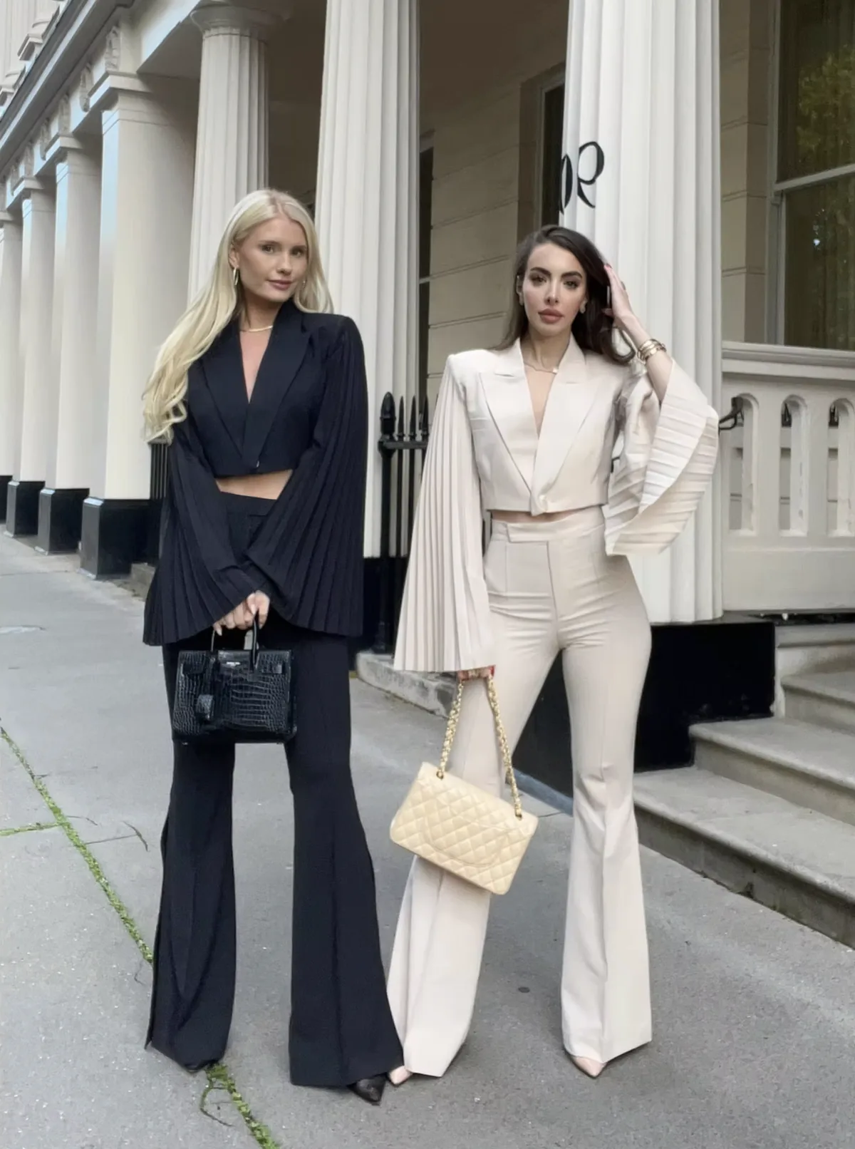 Two flare pants looks: beige and black suits with pleated sleeves — REPULO'S