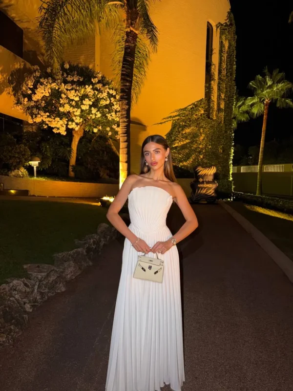 Pleated off shoulder ivory REPULO'S maxi dress, what to wear in Monte Carlo