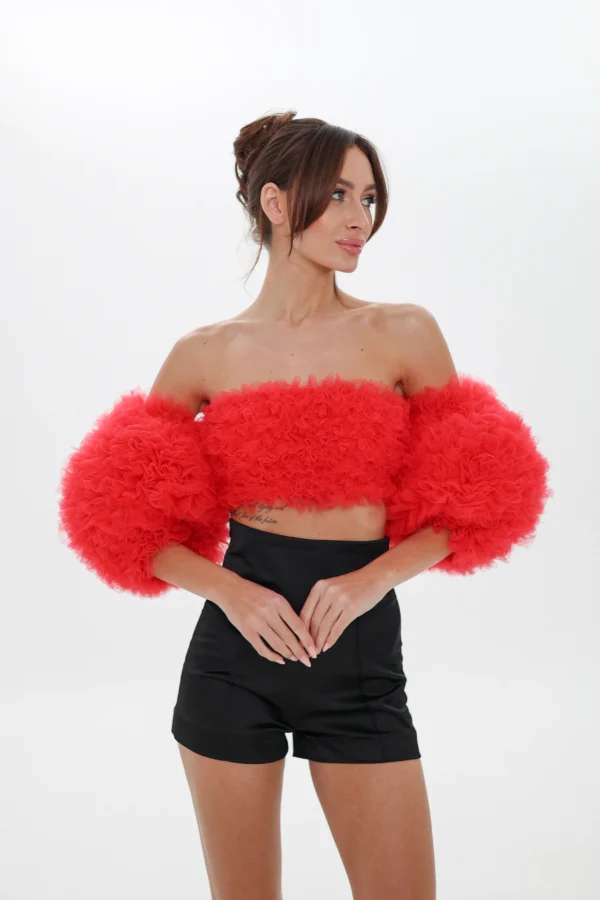 Close-up of the red Cloud bandeau top with tulle puff sleeves