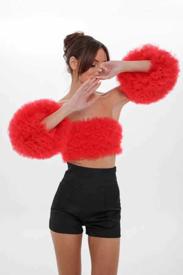Red corset bandeau top Cloud with detachable tulle puff sleeves