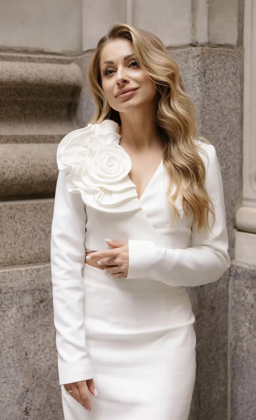 Bride holding a bouquet by a window in a white bridal suit with a pencil skirt and the Rosalie jacket by REPULO'S