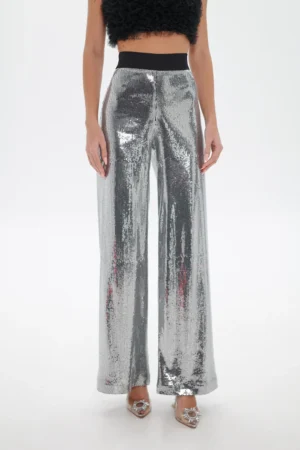 Spark silver straight-leg sequin trousers – front view