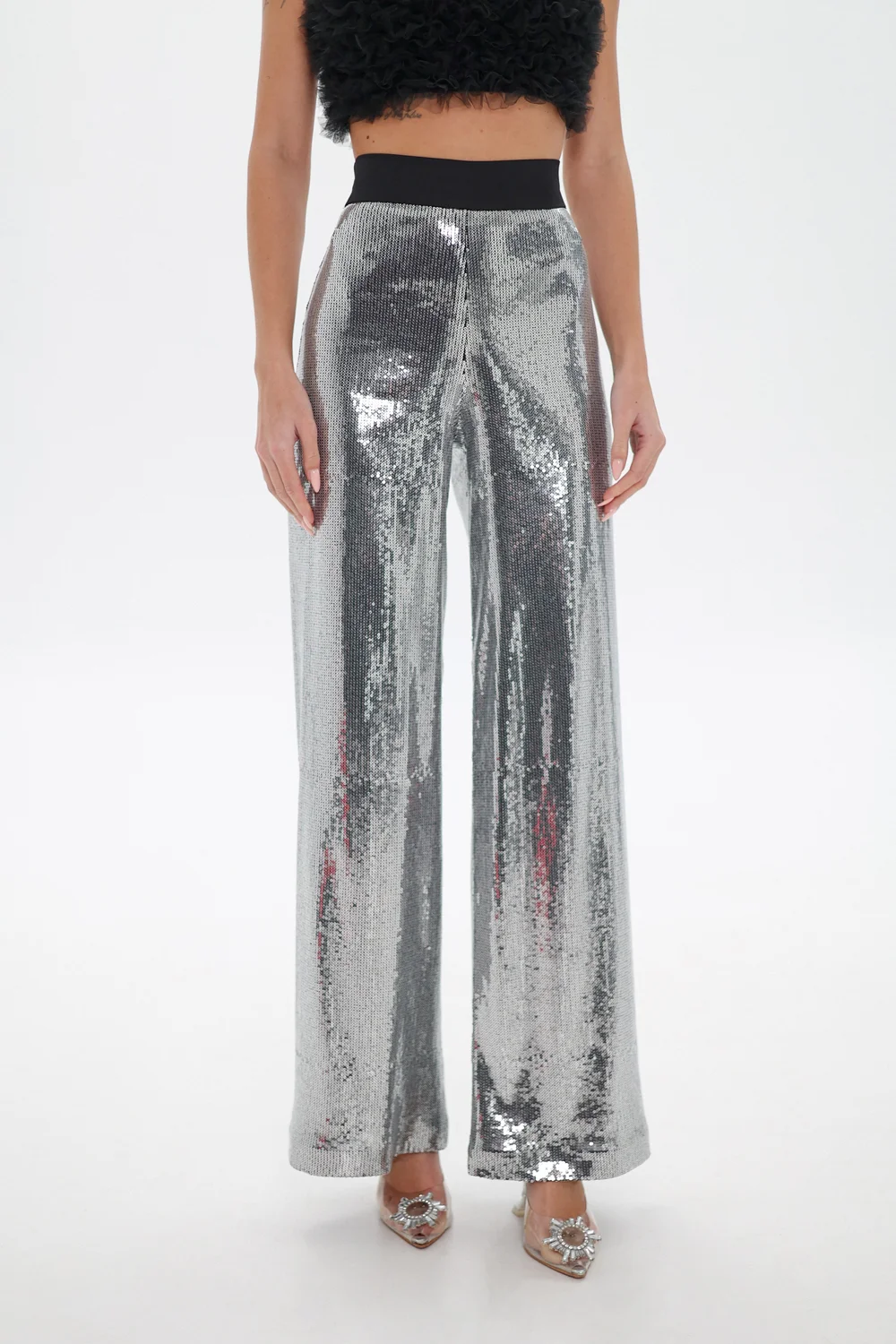 Spark silver straight-leg sequin trousers – front view