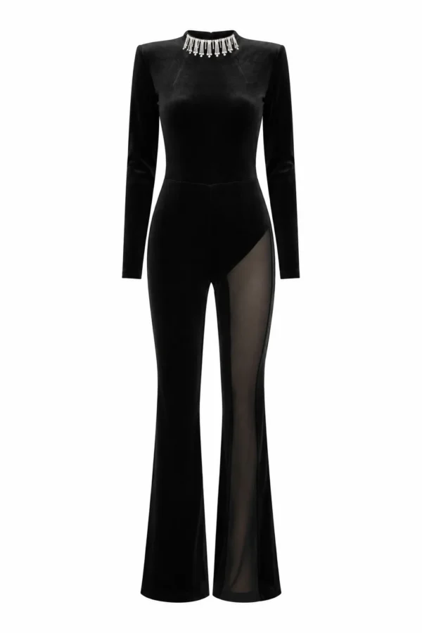 Black Mila velvet jumpsuit with crystal necklace, front view