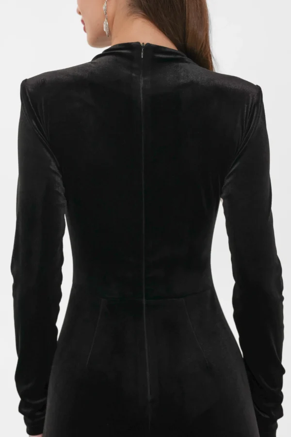 Close-up of the concealed back zip on the velvet jumpsuit