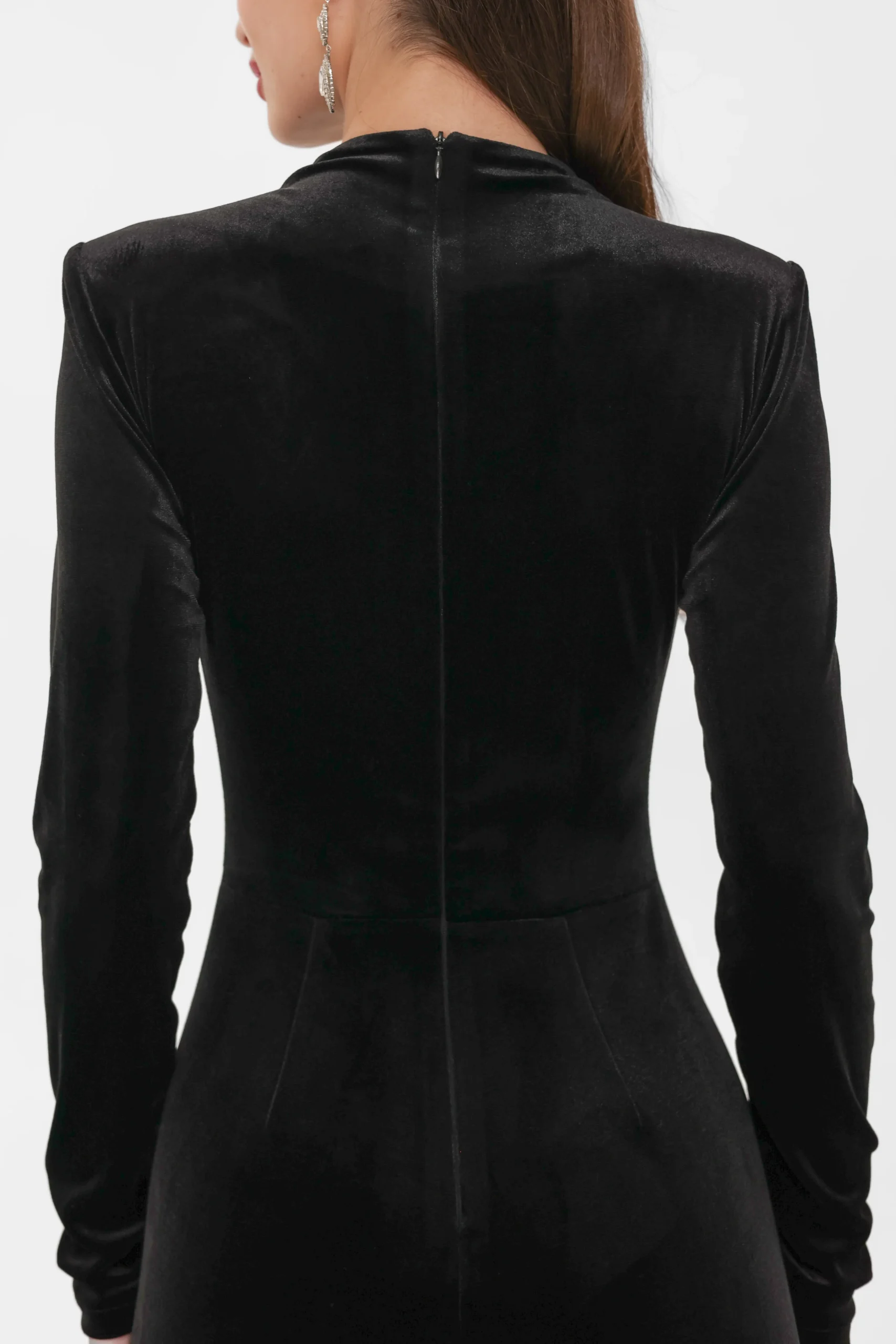 Close-up of the concealed back zip on the velvet jumpsuit