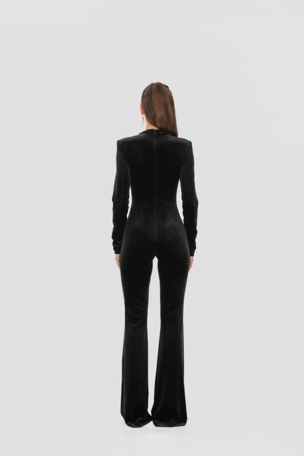 Velvet jumpsuit with flared legs, back view