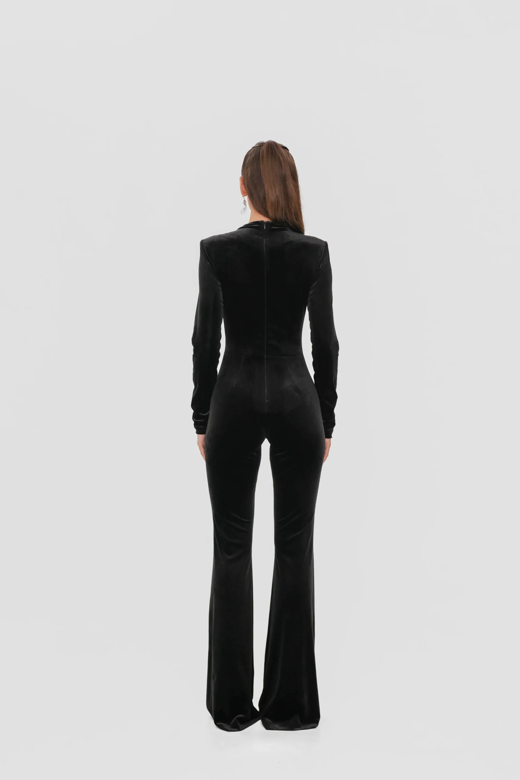Velvet jumpsuit with flared legs, back view