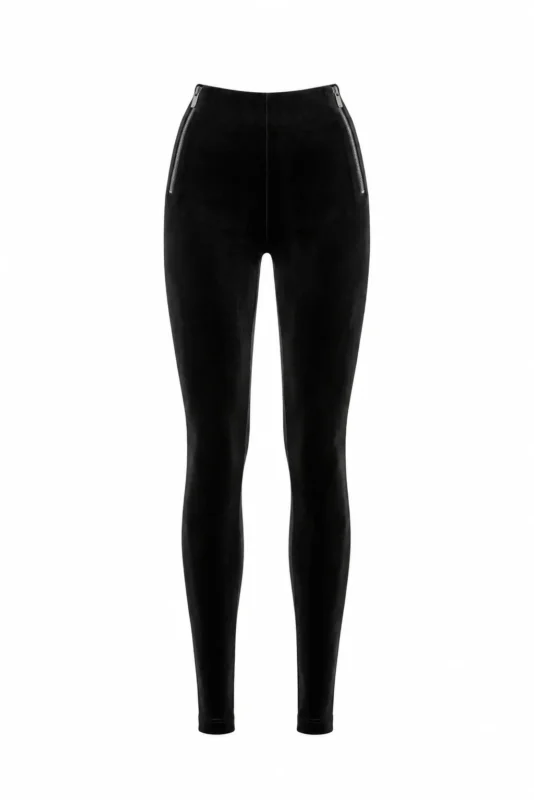 Black high-waisted velvet leggings with side zips, front view