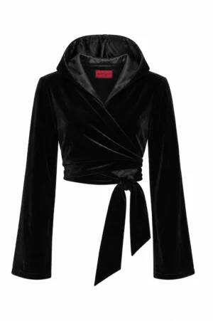 Black velvet wrap top with hood by REPULO’S, front view of the cropped silhouette