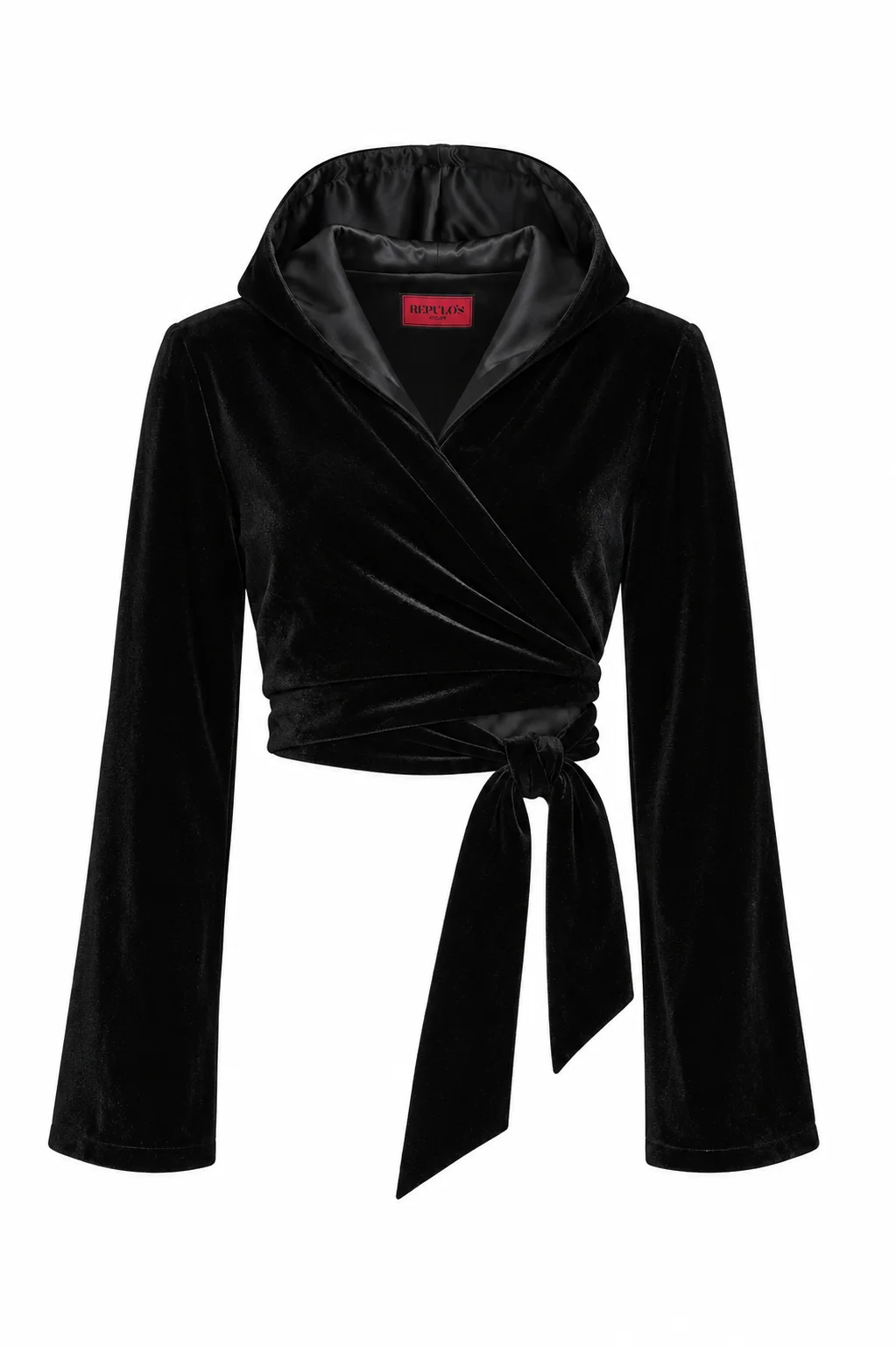 Black velvet wrap top with hood by REPULO’S, front view of the cropped silhouette