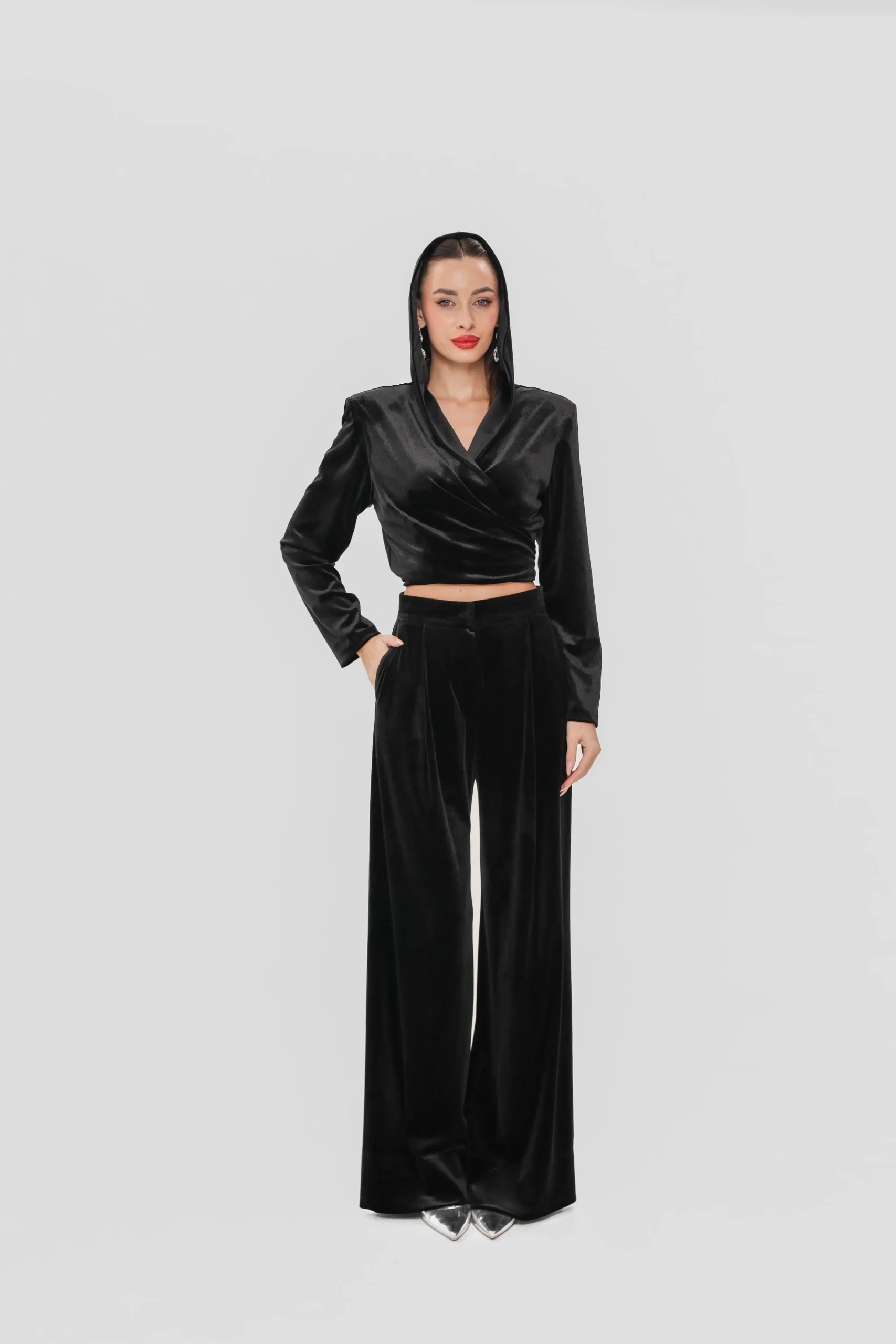 Full length look: hooded velvet wrap top with wide leg velvet trousers by REPULO’S