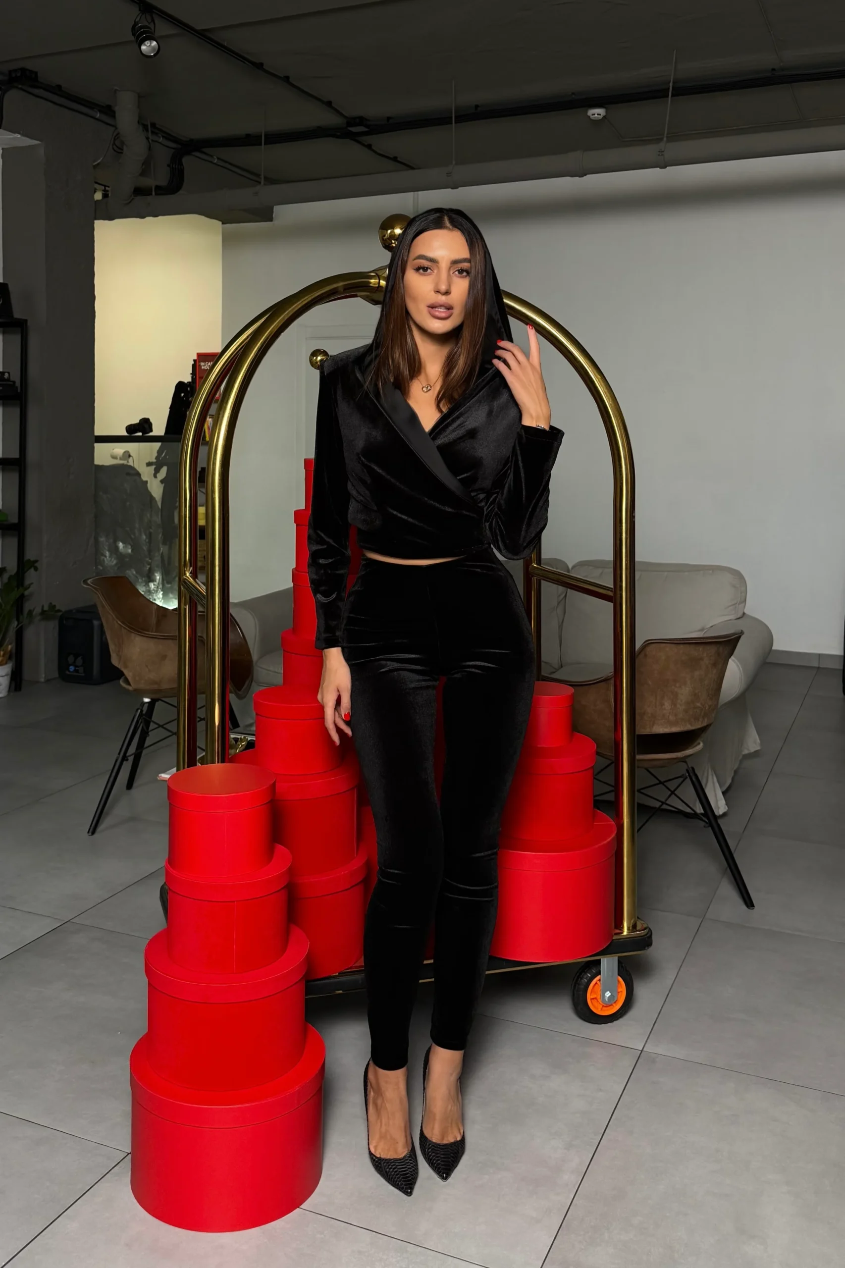 Velvet wrap top with hood styled with matching velvet trousers by REPULO’S
