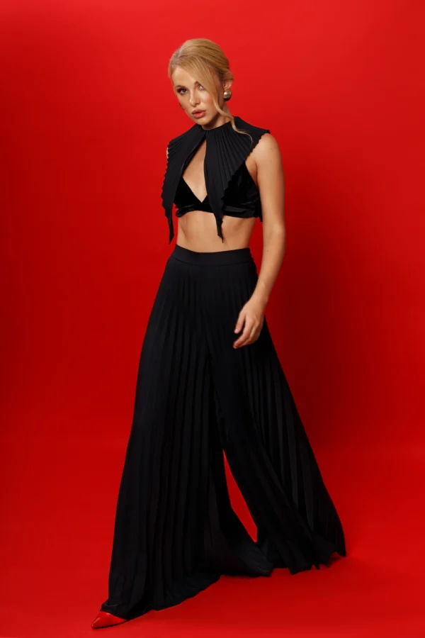 Pantalon palazzo plissé noir Amber, vue d'ensemble, REPULO'S
