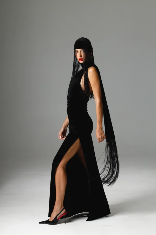 Black velvet maxi dress Lure with a long scarf and fringe, REPULO’S