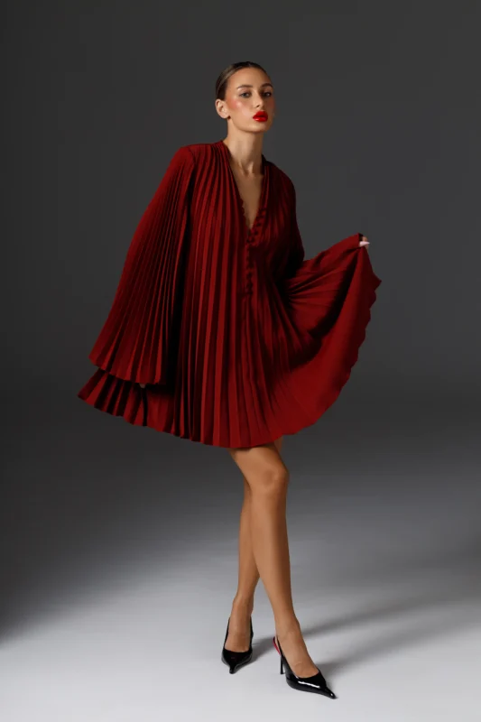 Pleated Mini Dress with Wide Sleeves Amber, REPULO’S