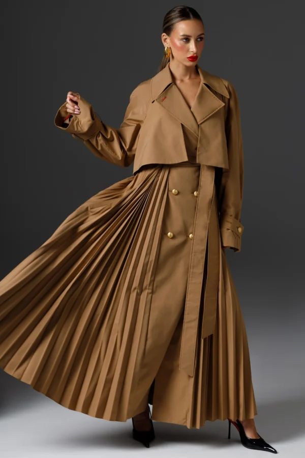 Langer Damen-Trenchcoat mit Plissee-Rücken und Gürtel Amber in Toffee, REPULO'S