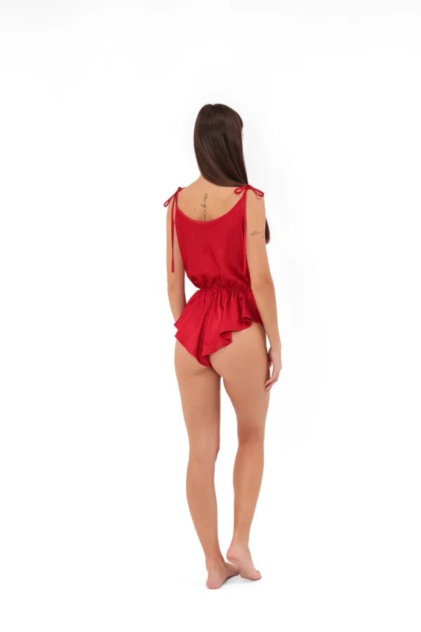 Roter Damen-Body Candy aus Satin mit V-Ausschnitt und Rüschen, REPULO'S