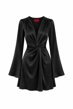 V-Neck Long Sleeve Satin Mini Dress Lea in black, REPULO’S