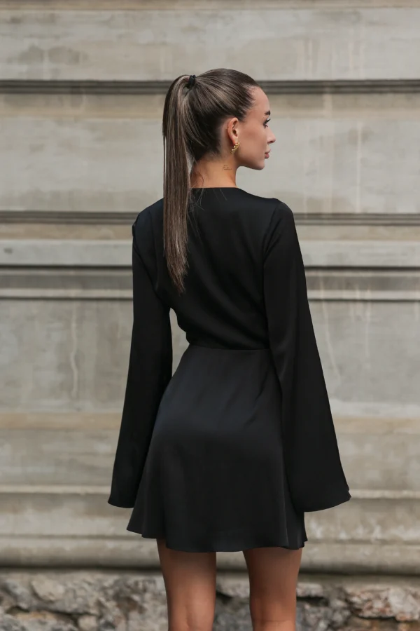Black A-line mini dress with long, slightly flared sleeves, REPULO’S