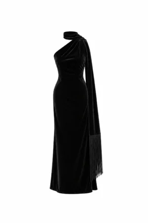 Velvet Halter Maxi Dress with Fringe Scarf Lure in black, REPULO’S