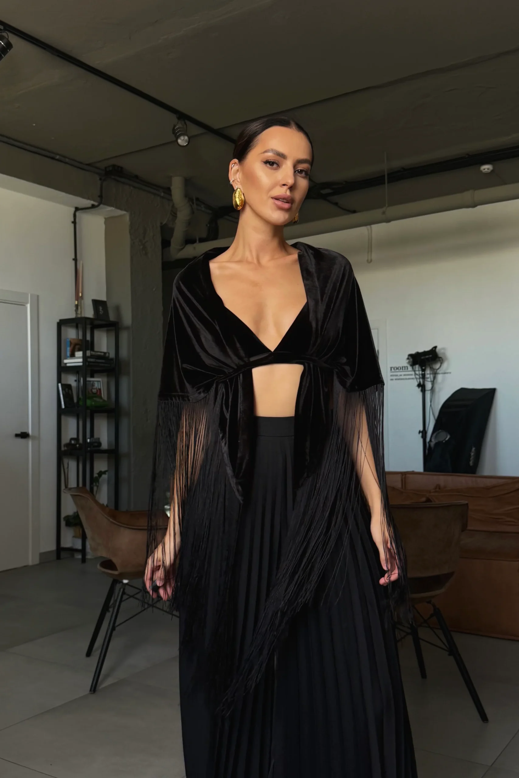 Black velvet fringe scarf styled as a top, REPULO’S
