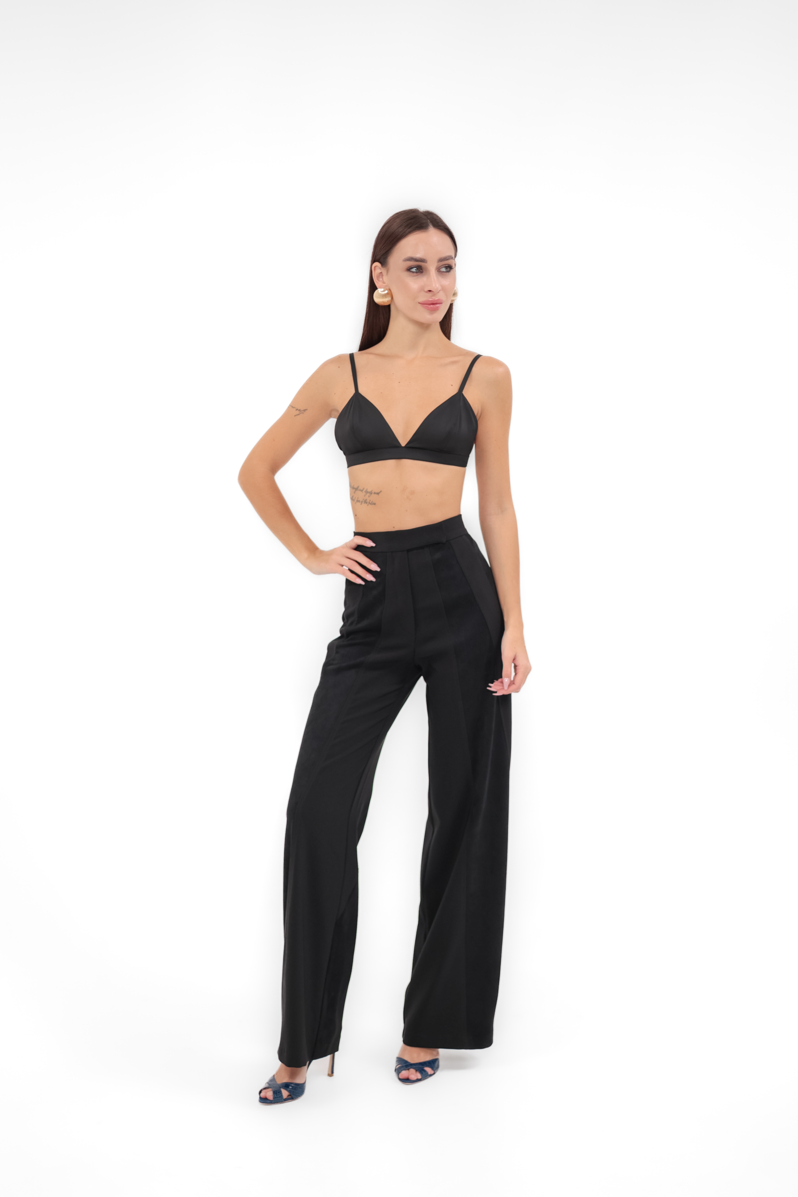 Pantaloni neri eleganti da donna Dina a vita alta con dettagli effetto scamosciato, REPULO'S