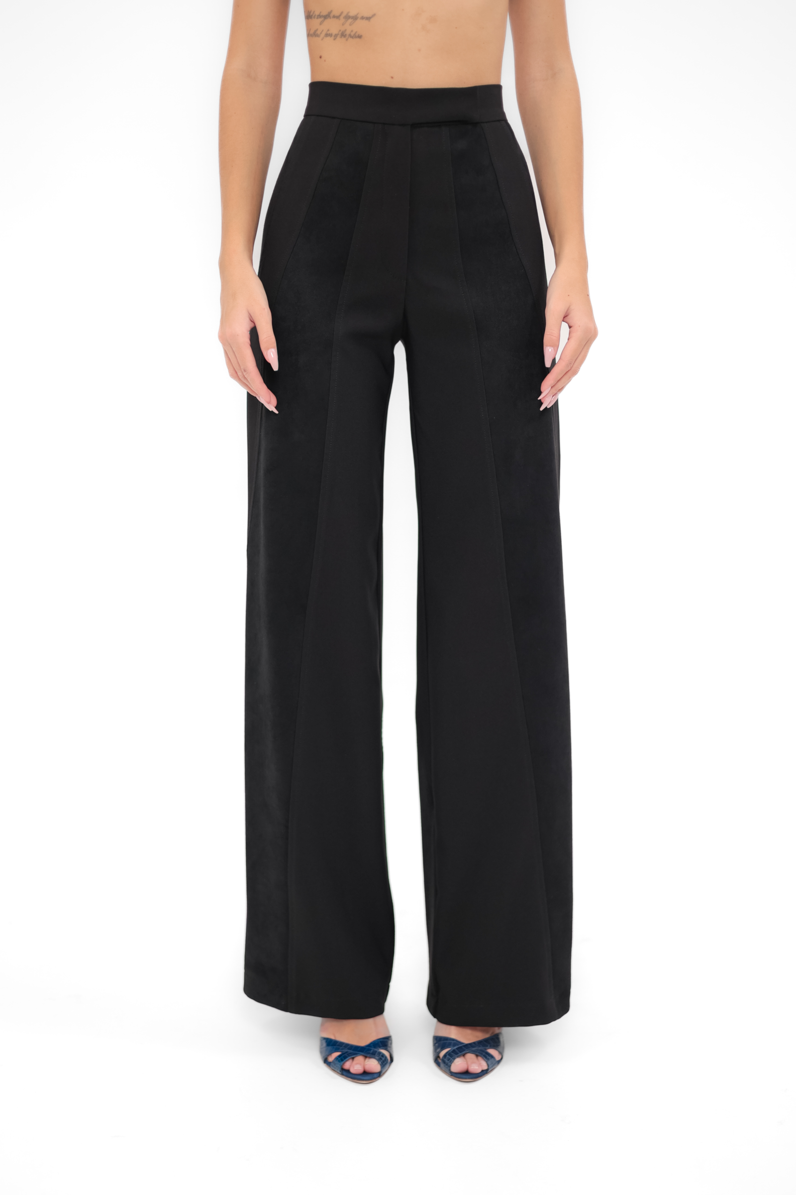 Pantaloni neri da donna a gamba dritta con inserti effetto scamosciato Dina, REPULO'S