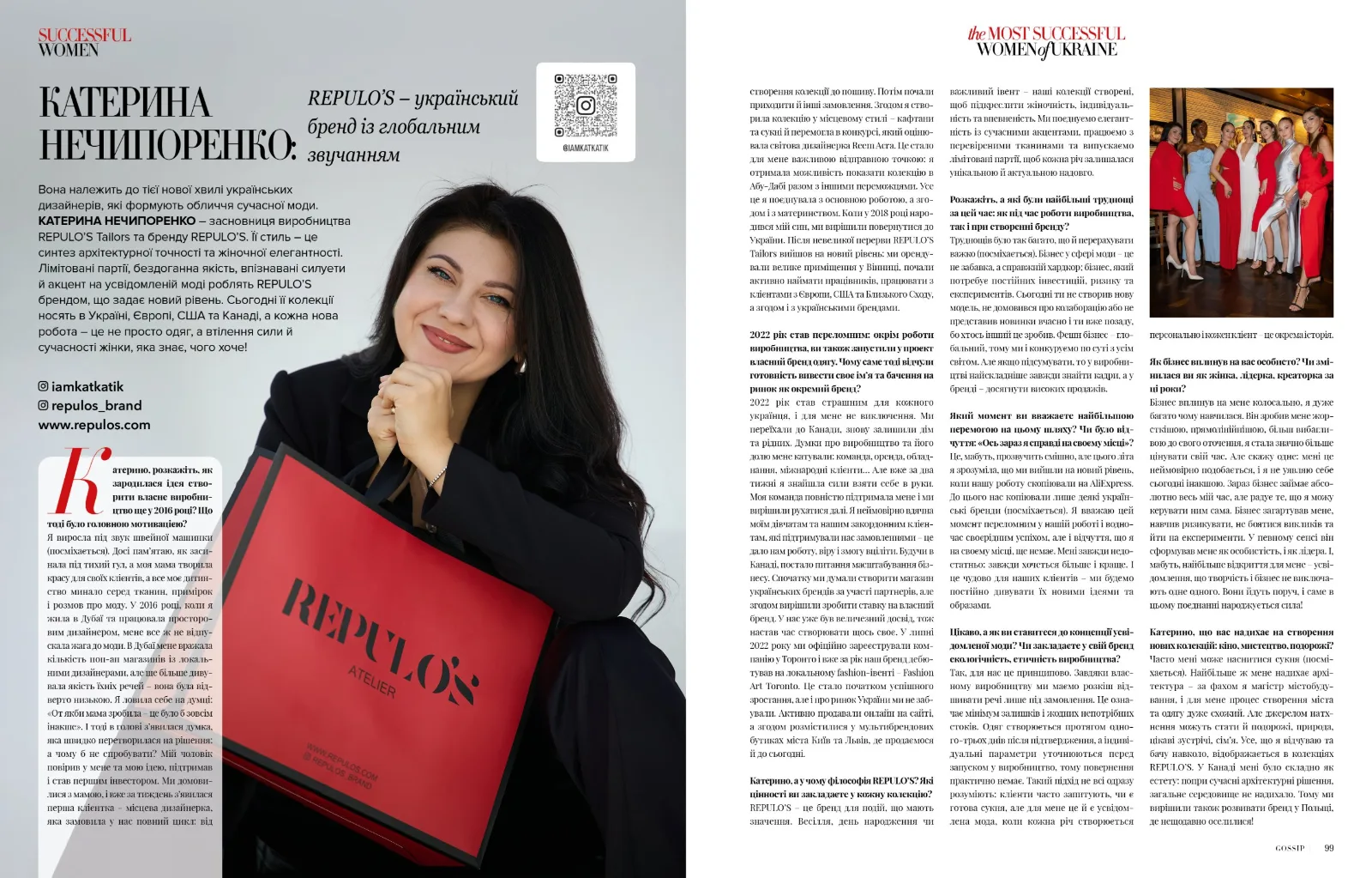 Revista Gossip, serie The Most Successful Women of Ukraine: entrevista con Kateryna Nechyporenko sobre REPULO'S