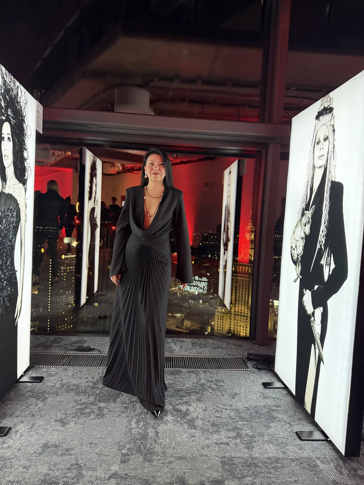 Kateryna Nechyporenko in the REPULO'S Halo pleated gown at the premiere of the Bad Girls exhibition at Varso Tower, Warsaw